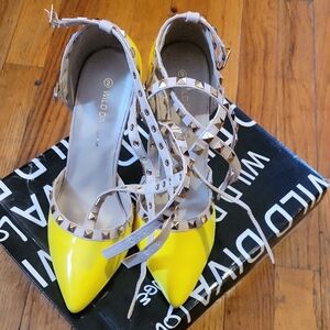 Wild Diva Neon Yellow Studded Heels